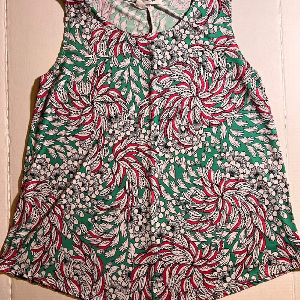 Rue Juju Women Large Teal Pink White Floral Paisley Sleeveless Round Neck Blouse